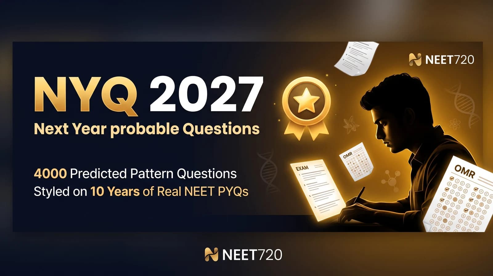 NYQ 2027 — Next Year probable Questions. 9,501 predicted-pattern questions styled on 10 years of real NEET PYQs.